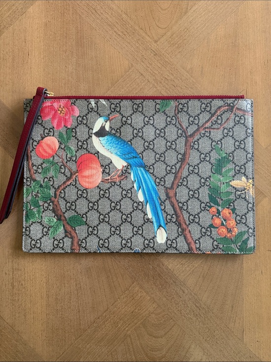 Gucci Handbags - Gucci Blue Bird GG Canvas Zip Pouch with Peach Floral Motif